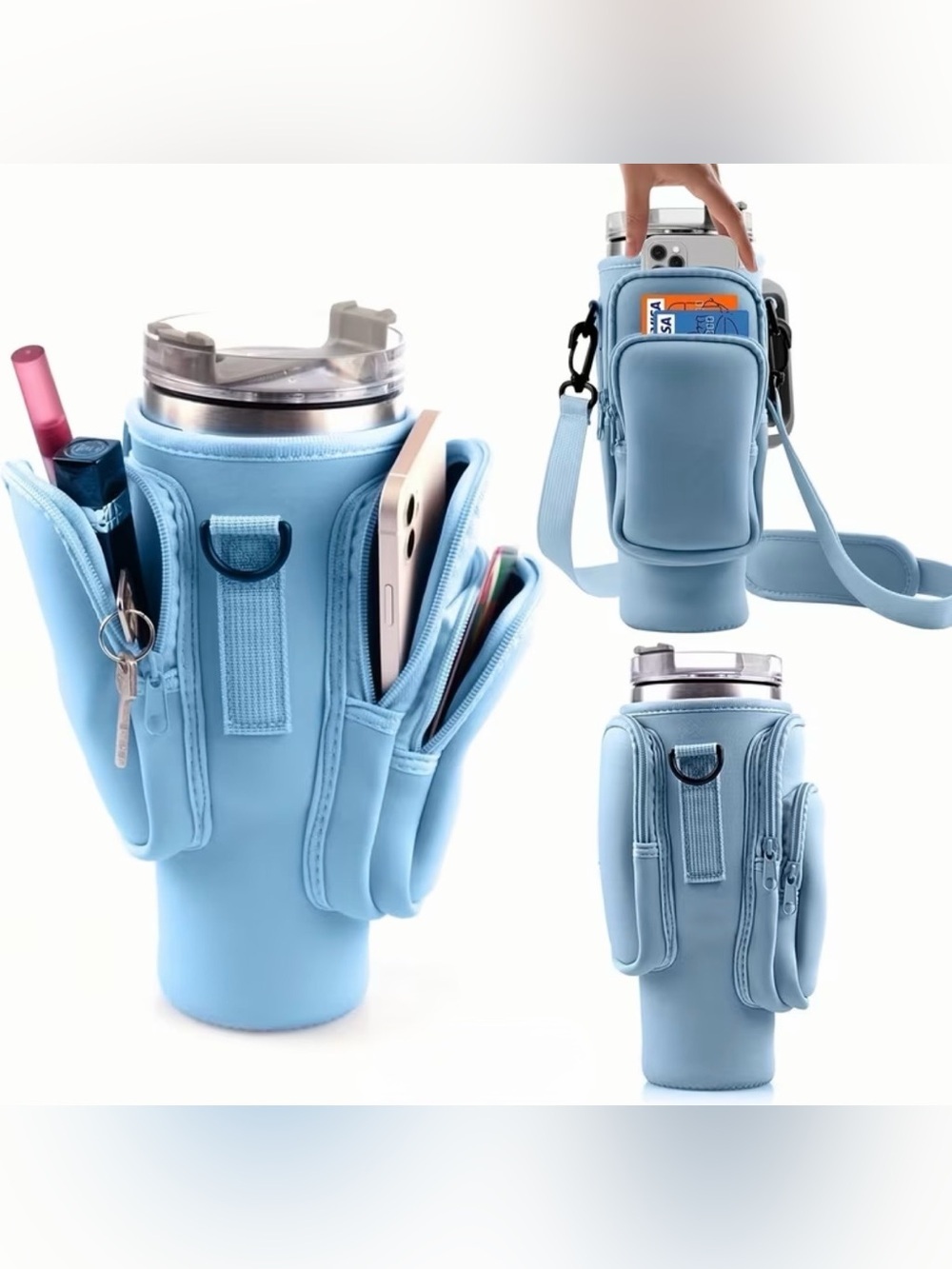 Sky Blue Neoprene Tumbler Carrier with Adjustable Strap